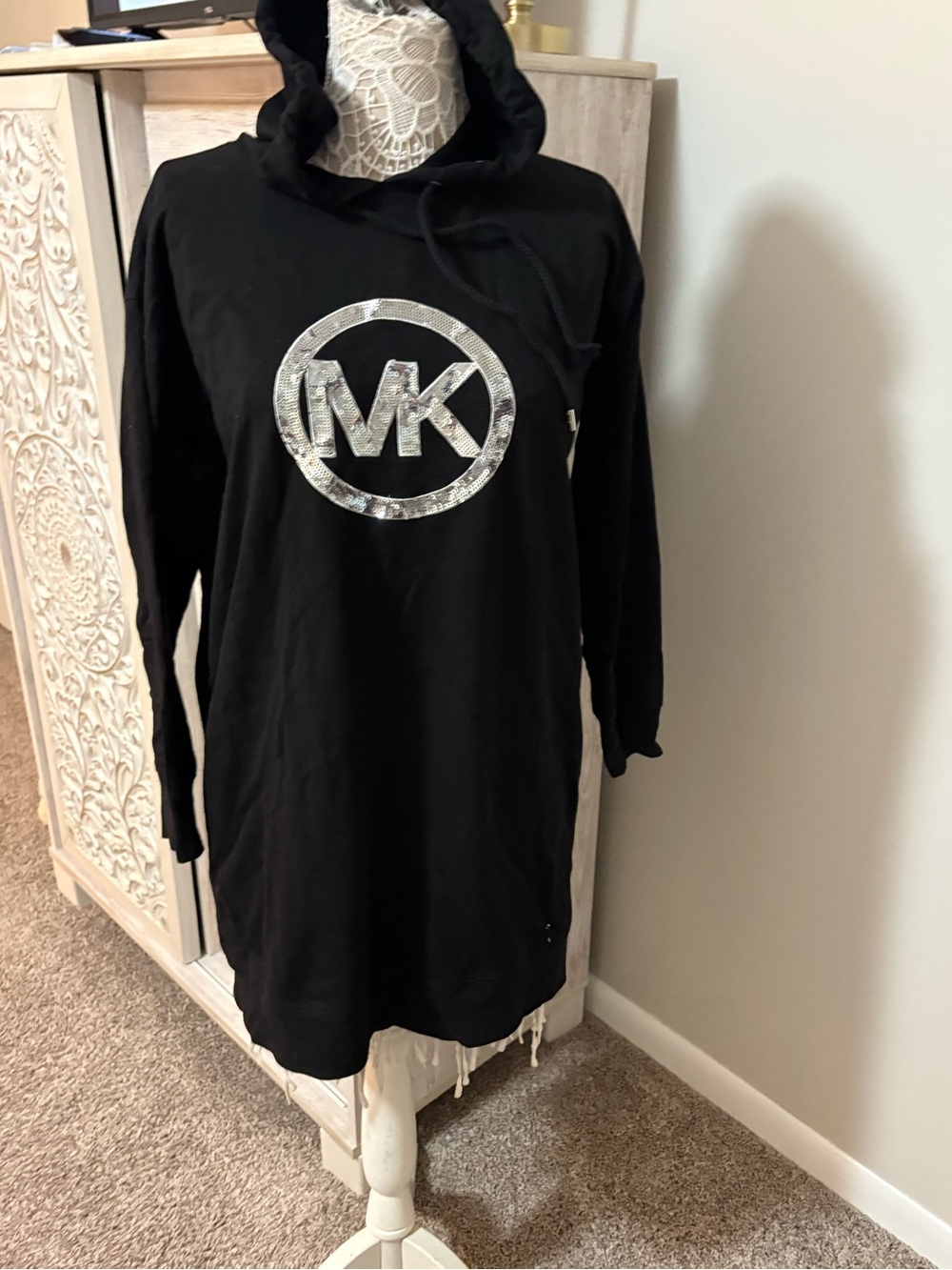Michael Kors Black Hooded Dress with Silver Logo